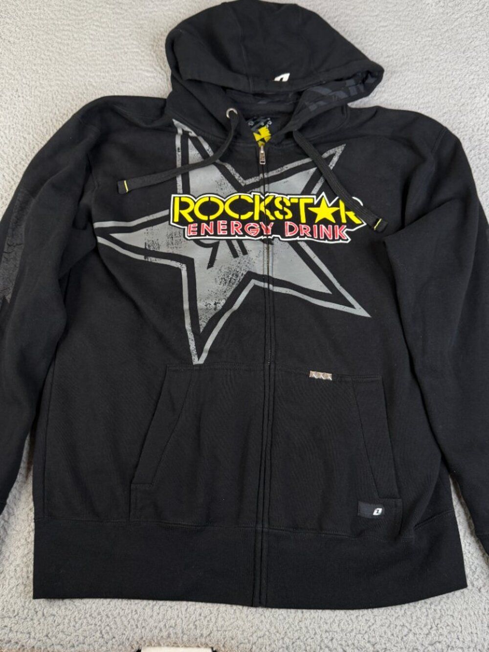 ROCKSTAR Energy Drink Black Full Zip Sweatshirt Hoodie Mens Large Sweater